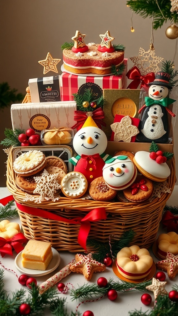 A festive Christmas cake hamper with assorted cakes, cookies, and decorations.
